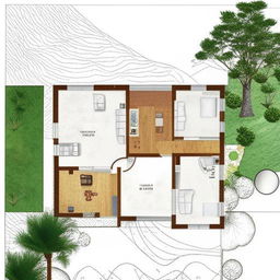 Design a 1310 sqft home with 2 bedrooms, 2 bathrooms and a lush garden