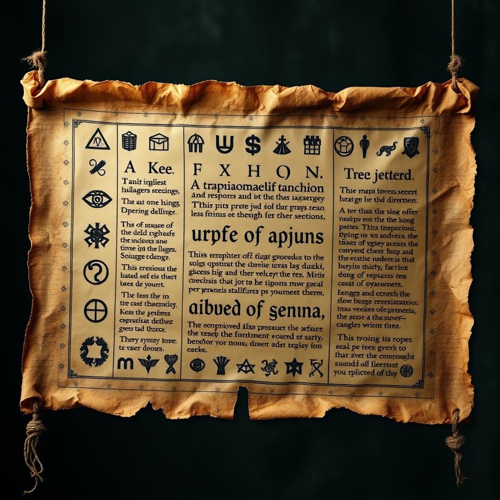 An ancient, aged parchment scroll displayed horizontally, featuring intricate and mysterious symbols along with an esoteric language that appears faded and cryptic