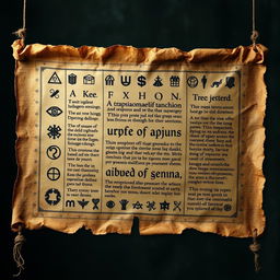 An ancient, aged parchment scroll displayed horizontally, featuring intricate and mysterious symbols along with an esoteric language that appears faded and cryptic