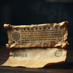 An ancient, aged parchment scroll displayed horizontally, featuring intricate and mysterious symbols along with an esoteric language that appears faded and cryptic