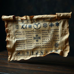 An ancient, aged parchment scroll displayed horizontally, featuring intricate and mysterious symbols along with an esoteric language that appears faded and cryptic