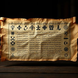 An ancient, aged parchment scroll displayed horizontally, featuring intricate and mysterious symbols along with an esoteric language that appears faded and cryptic