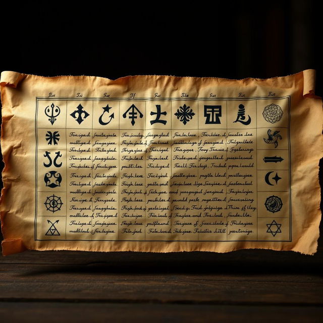 An ancient, aged parchment scroll displayed horizontally, featuring intricate and mysterious symbols along with an esoteric language that appears faded and cryptic