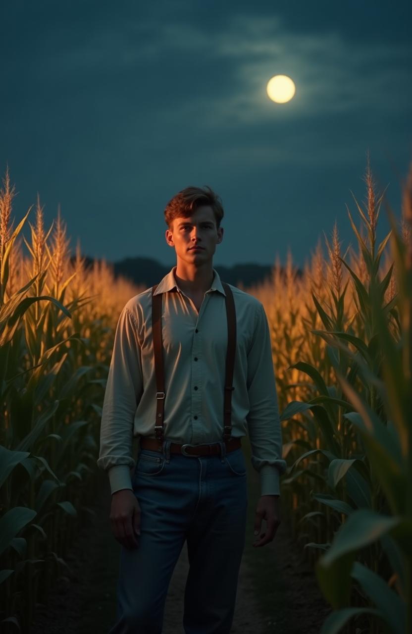 A 1950s style cornfield under the night sky, featuring rows of corn illuminated softly by moonlight