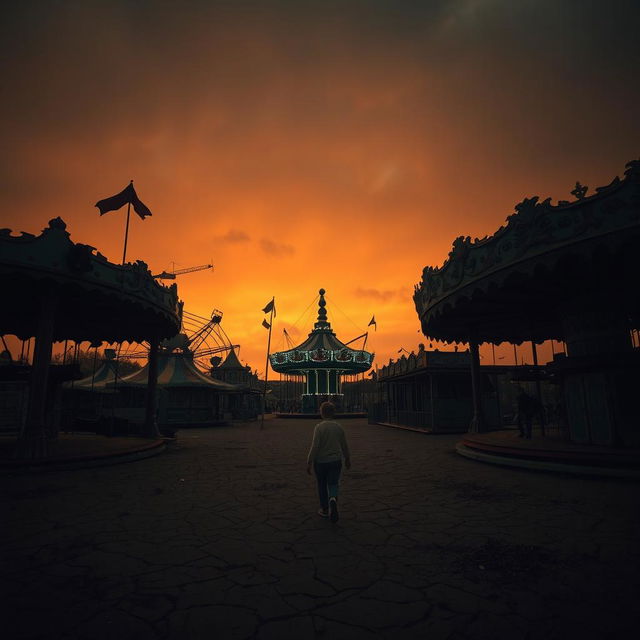 wandering through a sprawling, decrepit carnival at dusk, with a sickly orange sky fading into black