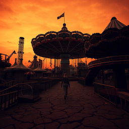 wandering through a sprawling, decrepit carnival at dusk, with a sickly orange sky fading into black