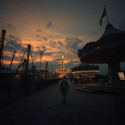 wandering through a sprawling, decrepit carnival at dusk, with a sickly orange sky fading into black