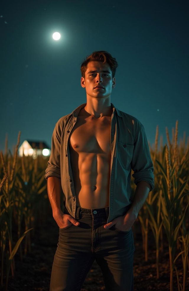 A vintage 1950s style cornfield illuminated by a soft, glowing light in the distance