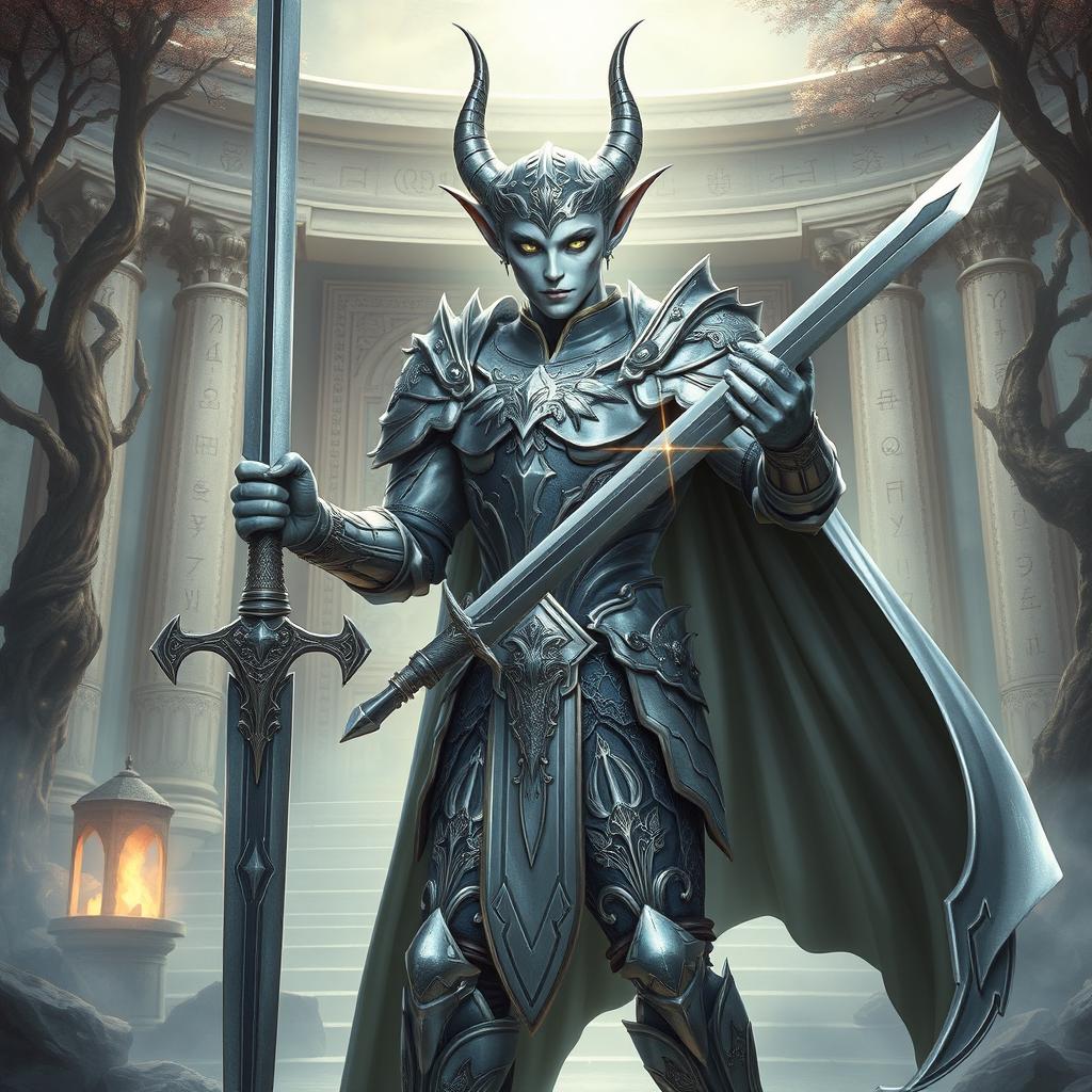 A majestic changeling paladin clad in shimmering silver armor, standing heroically with a divine longsword in hand