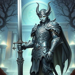 A majestic changeling paladin clad in shimmering silver armor, standing heroically with a divine longsword in hand