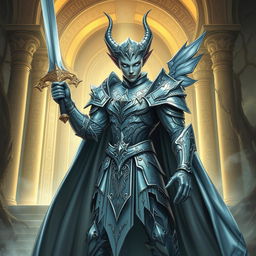 A majestic changeling paladin clad in shimmering silver armor, standing heroically with a divine longsword in hand