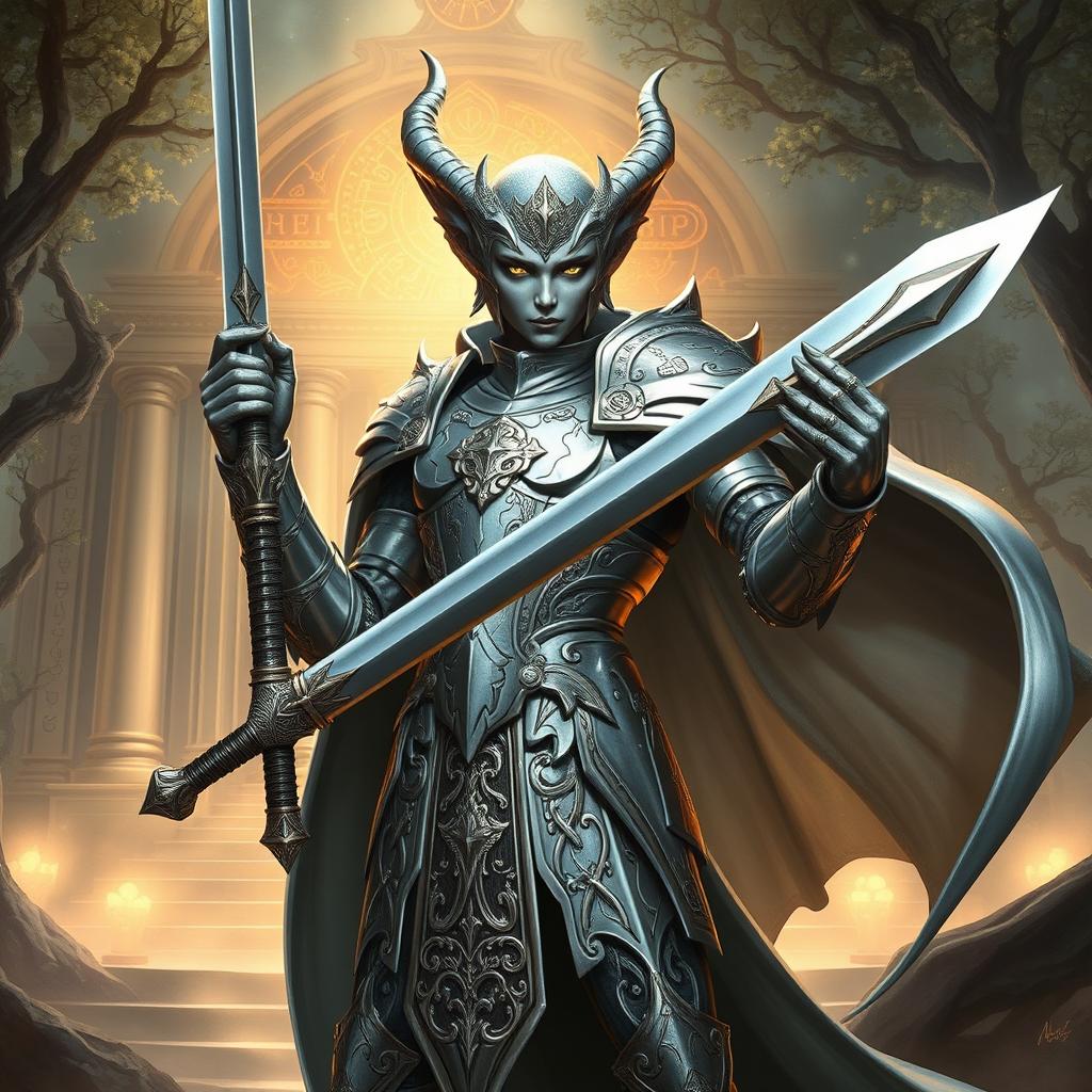 A majestic changeling paladin clad in shimmering silver armor, standing heroically with a divine longsword in hand