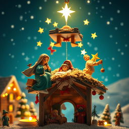 A whimsical Christmas nativity scene turned upside down, featuring classic figures like Mary, Joseph, and baby Jesus, all floating in mid-air