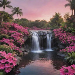 Re-imagine the vibrant paradise with varying shades of black and pink, including heart-shaped formations, colorful flowers, lush greenery, and tranquil waterfalls under a warm sunset sky.