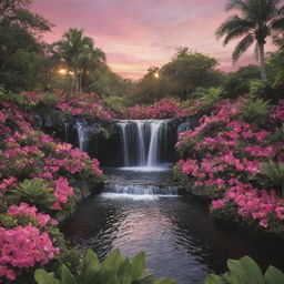 Re-imagine the vibrant paradise with varying shades of black and pink, including heart-shaped formations, colorful flowers, lush greenery, and tranquil waterfalls under a warm sunset sky.