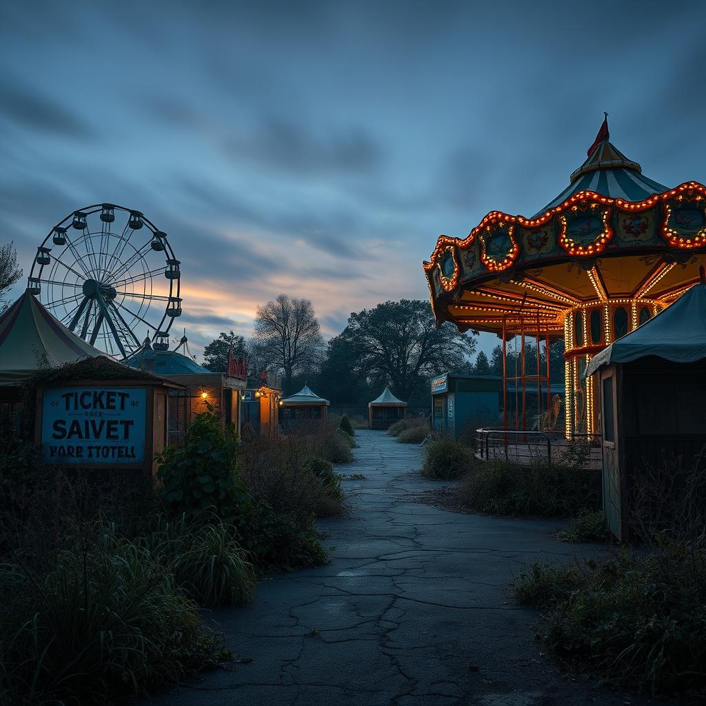 An abandoned carnival scene at the twilight hour, with dilapidated rides and eerie stillness