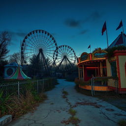 An abandoned carnival scene at the twilight hour, with dilapidated rides and eerie stillness