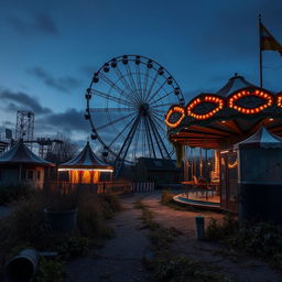 An abandoned carnival scene at the twilight hour, with dilapidated rides and eerie stillness