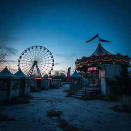 An abandoned carnival scene at the twilight hour, with dilapidated rides and eerie stillness