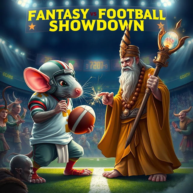 An epic fantasy football showdown poster featuring a rat and a guru facing off