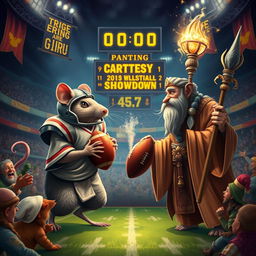 An epic fantasy football showdown poster featuring a rat and a guru facing off