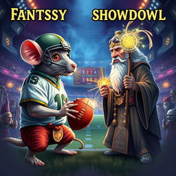 An epic fantasy football showdown poster featuring a rat and a guru facing off