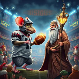 An epic fantasy football showdown poster featuring a rat and a guru facing off