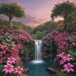 Re-imagine the vibrant paradise with varying shades of black and pink, including heart-shaped formations, colorful flowers, lush greenery, and tranquil waterfalls under a warm sunset sky.