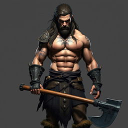 A warrior with a muscular build and bare torso, holding a large axe in one hand