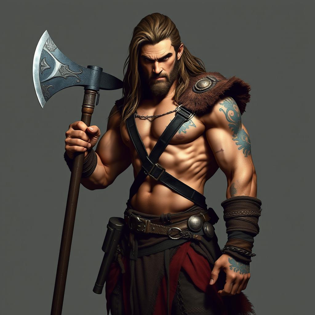 A warrior with a muscular build and bare torso, holding a large axe in one hand