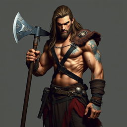 A warrior with a muscular build and bare torso, holding a large axe in one hand