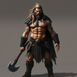 A warrior with a muscular build and bare torso, holding a large axe in one hand