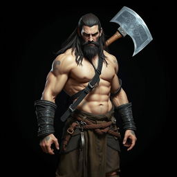 A warrior with a muscular build and bare torso, holding a large axe in one hand