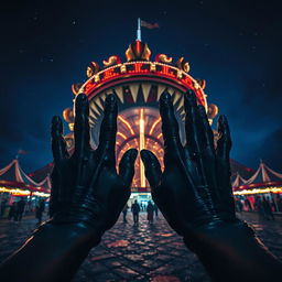 A dark, surreal scene at a nighttime carnival