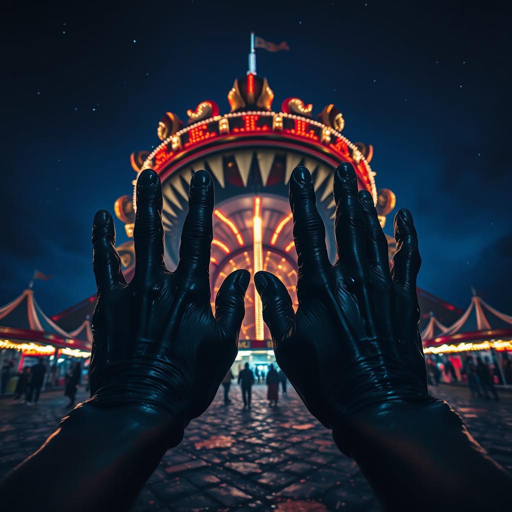 A dark, surreal scene at a nighttime carnival
