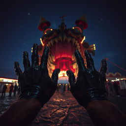 A dark, surreal scene at a nighttime carnival