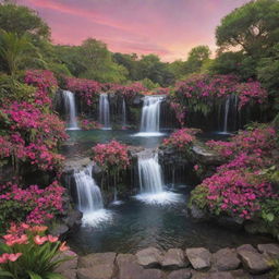 Re-imagine the vibrant paradise with varying shades of black and pink, including heart-shaped formations, colorful flowers, lush greenery, and tranquil waterfalls under a warm sunset sky.