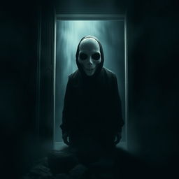 A mysterious figure with a cracked porcelain mask standing ominously in a dimly lit doorway, its eyes appearing as empty black holes, filled with an eerie intensity