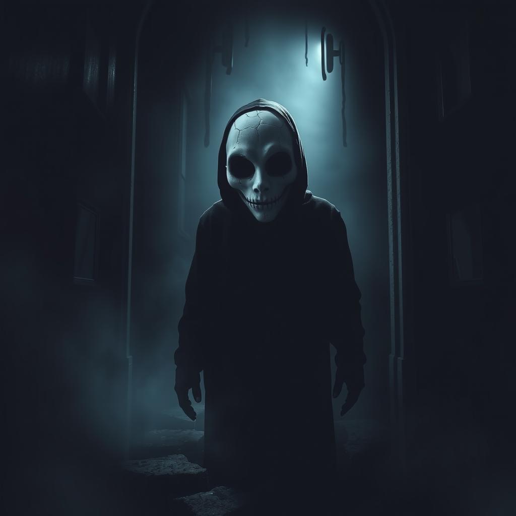 A mysterious figure with a cracked porcelain mask standing ominously in a dimly lit doorway, its eyes appearing as empty black holes, filled with an eerie intensity