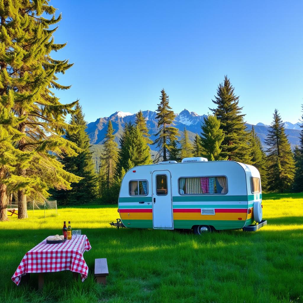 A picturesque scene featuring a vintage camper van parked in a lush green meadow, surrounded by tall pine trees under a clear blue sky