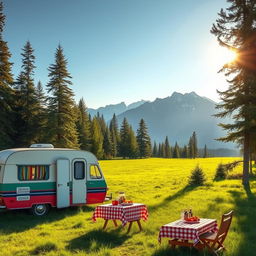 A picturesque scene featuring a vintage camper van parked in a lush green meadow, surrounded by tall pine trees under a clear blue sky