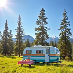 A picturesque scene featuring a vintage camper van parked in a lush green meadow, surrounded by tall pine trees under a clear blue sky