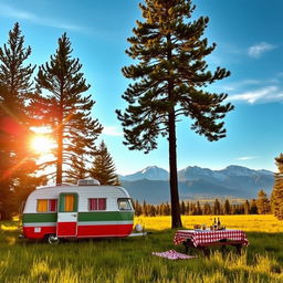 A picturesque scene featuring a vintage camper van parked in a lush green meadow, surrounded by tall pine trees under a clear blue sky