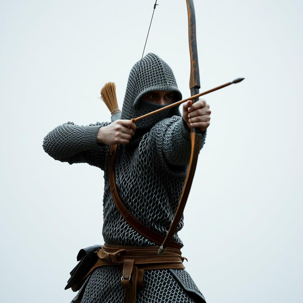 A lone archer in chainmail armor, taking aim with a bow, depicted without any background.