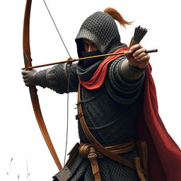 A lone archer in chainmail armor, taking aim with a bow, depicted without any background.