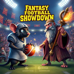 An animated fantasy football showdown poster featuring a black rat and a guru facing off