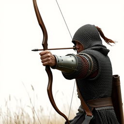 A lone archer in chainmail armor, taking aim with a bow, depicted without any background.