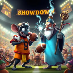 An animated fantasy football showdown poster featuring a black rat and a guru facing off