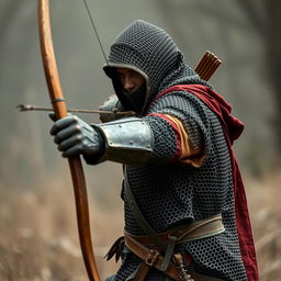 A lone archer in chainmail armor, taking aim with a bow, depicted without any background.