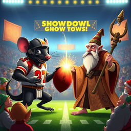 An animated fantasy football showdown poster featuring a black rat and a guru facing off